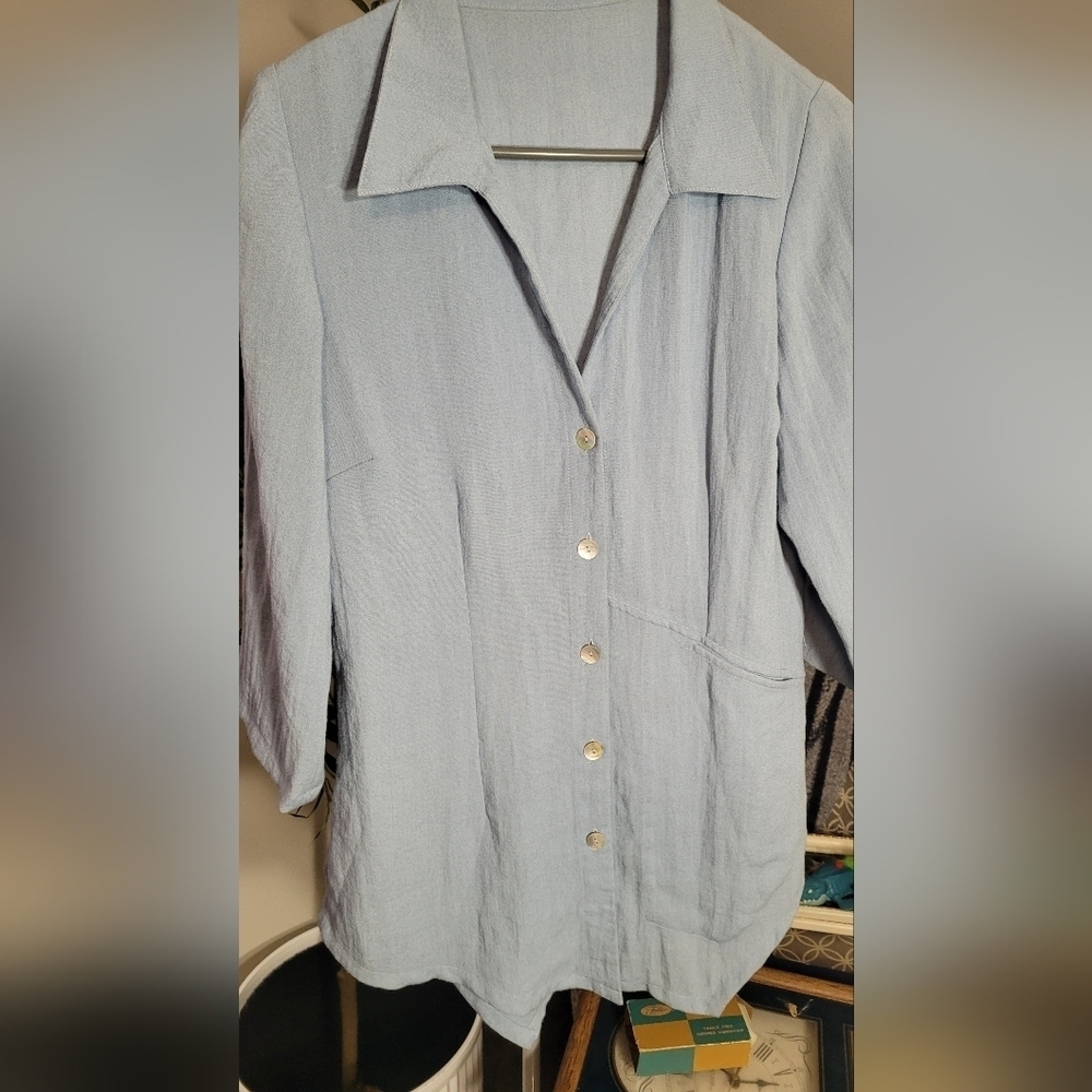 Fridaze 100% Linen Blue Button Up Top 3/4 Sleeve V Neck Asymmetrical Oversized